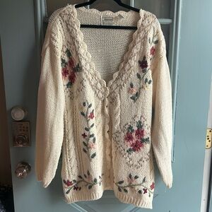 Vintage Grandmacore Hand Knit Floral Embroidered Long Button Up Cardigan Cream M